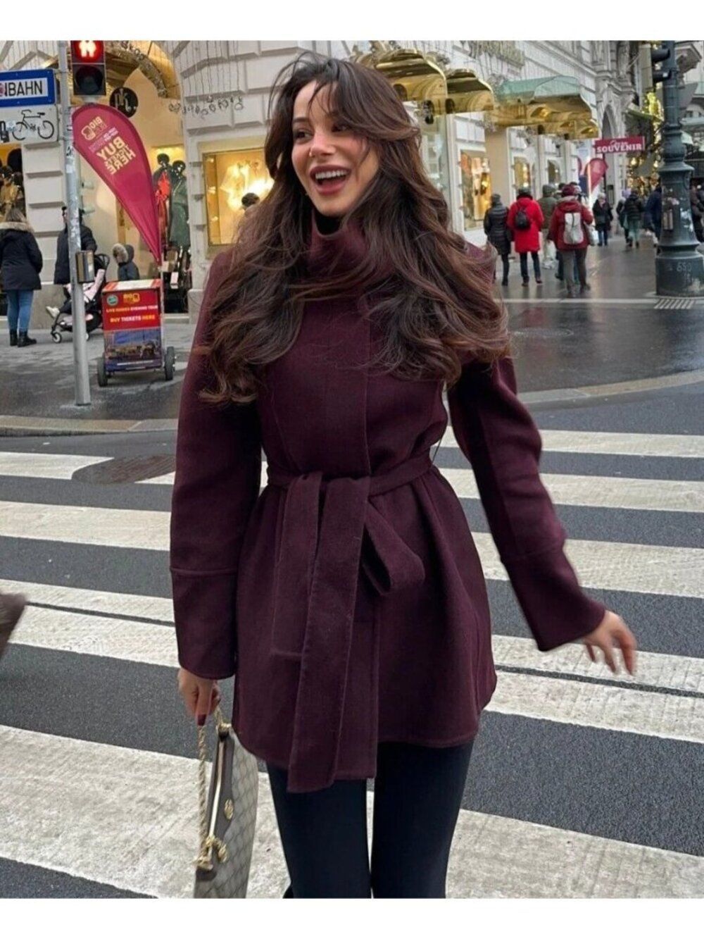Zara Womens Coat Jacket Large L wine Burgundy Belted Wool Blend 8491/246 NWT